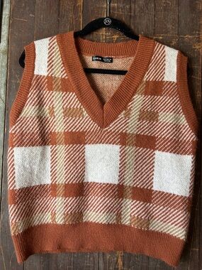 SHEIN Rust, Cream & Tan Plaid V-Neck Knit Sweater Vest